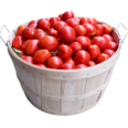Bushel basket filled with ripe red Roma tomatoes, fresh garden produce for cooking, canning, and healthy recipes.