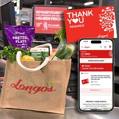 Longo&rsquo;s Thank You Rewards display with a grocery bag, red rewards card, and smartphone showing 800 points and member offers.