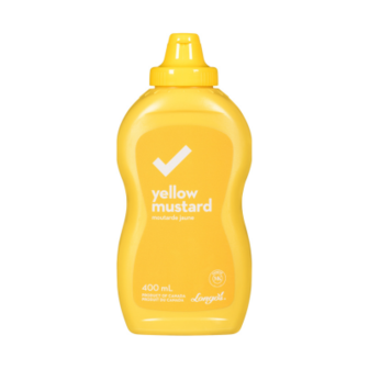Longo&rsquo;s yellow mustard 400 mL squeeze bottle &ndash; classic condiment for sandwiches and grilling.