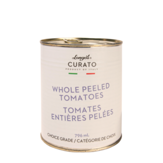 Longo&rsquo;s Curato whole peeled tomatoes in a 796 mL can, choice grade product of Italy.