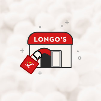 Illustration of a Longo&rsquo;s storefront with a red sign and a hand holding a red shopping bag featuring the Longo&rsquo;s logo.