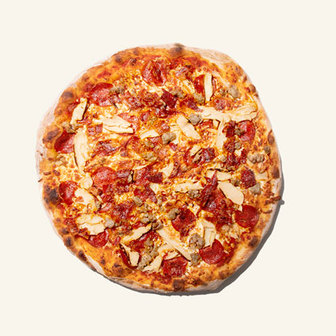 Meat lovers pizza with pepperoni, chicken strips and melted cheese on a golden crust.