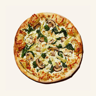 Pesto primavera pizza with mushrooms, spinach, artichokes and melted cheese.