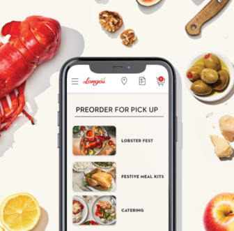 Longo's app showing preorder options for Lobster Fest, festive meal kits, and catering on smartphone.
