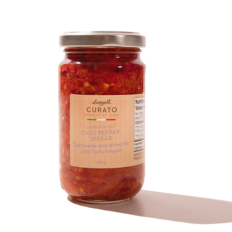 Longo&rsquo;s Curato crushed hot chili pepper spread in a 190 g glass jar, product of Italy.