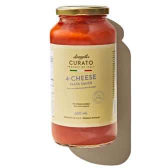 Jar of Longo&rsquo;s Curato 4-Cheese Pasta Sauce, 650 mL, labeled as product of Italy with no sugar added.