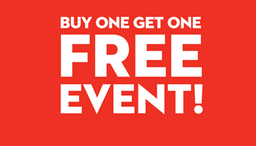 Buy One Get One Free promotion graphic with bold white text on a red background highlighting a special offer.