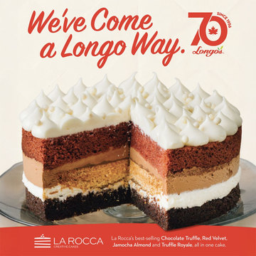 Longo's anniversary cake on a cream background with the phrase" We've come a longo way"