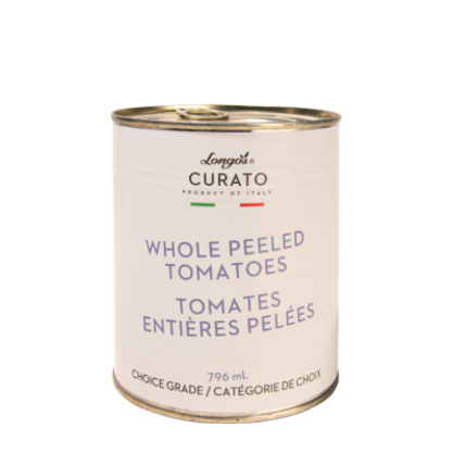 Longo&rsquo;s Curato whole peeled tomatoes in a 796 mL can, choice grade product of Italy.