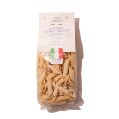 Longo&rsquo;s Curato artisan penne rigate pasta in a 500 g bag made from 100% durum wheat semolina.