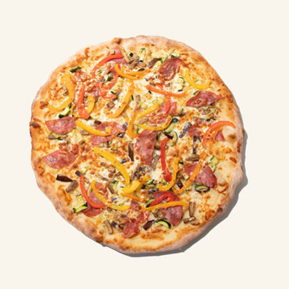 Italian‑style pizza topped with salami, bell peppers, zucchini and cheese.