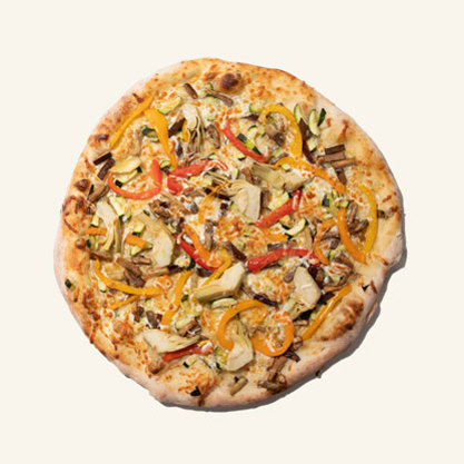 La Griglia vegetable pizza with artichokes, peppers, zucchini and melted cheese.