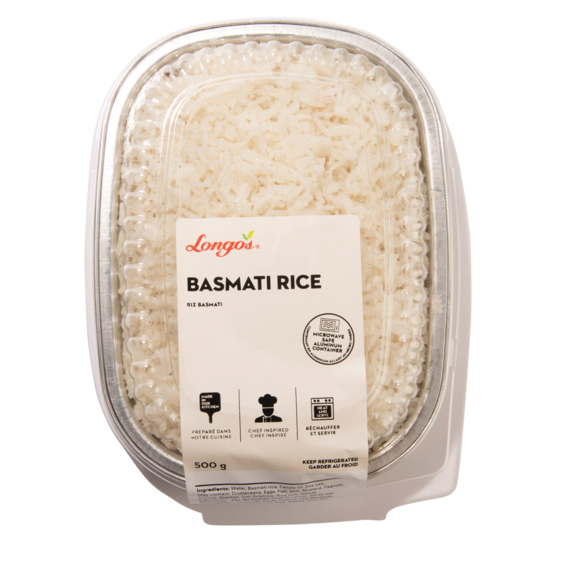 Longo&rsquo;s basmati rice 500g in ready-to-heat container, fully cooked white rice for convenient side dish or meal pairing