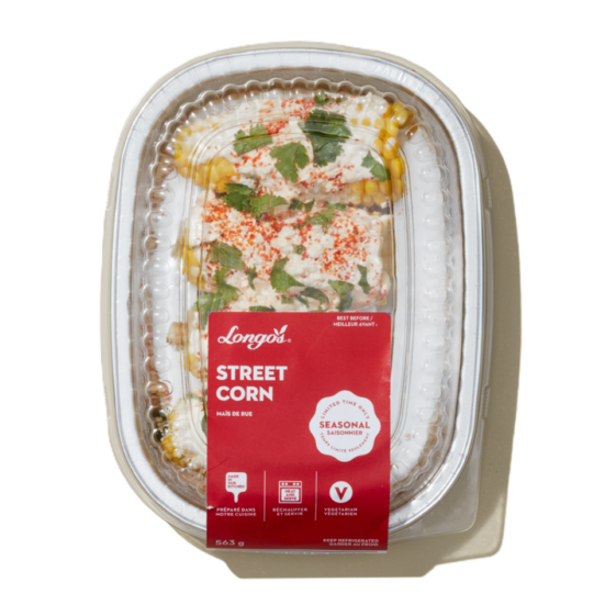 Longo&rsquo;s street corn in ready-to-heat container, grilled corn with creamy topping and herbs, fresh seasonal side dish for meals