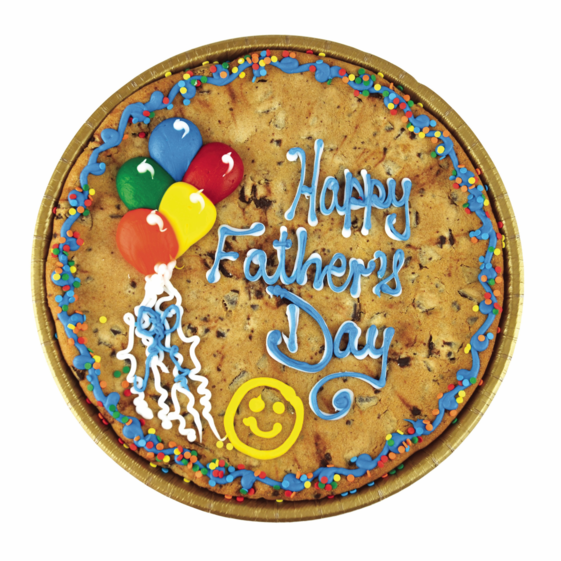 Chocolate chip cookie cake decorated with &ldquo;Happy Father&rsquo;s Day&rdquo; icing, colorful sprinkles and balloons, festive sweet dessert treat