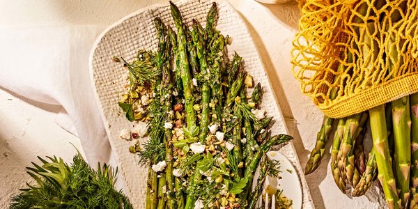 GRILLED ASPARAGUS WITH FETA AND PISTACHIOS