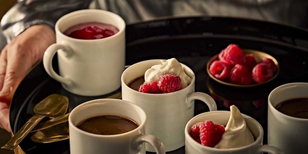 CHOCOLATE HAZELNUT POT DE CR&Egrave;ME WITH RASPBERRY COULIS