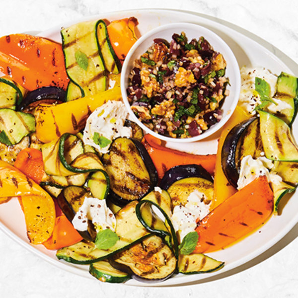 GRILLED VEGETABLES WITH BURRATA AND OLIVE-WALNUT RELISH