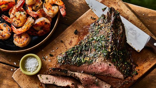 GRILLED TRI TIP AND SHRIMP WITH GARLIC HERB BASTE