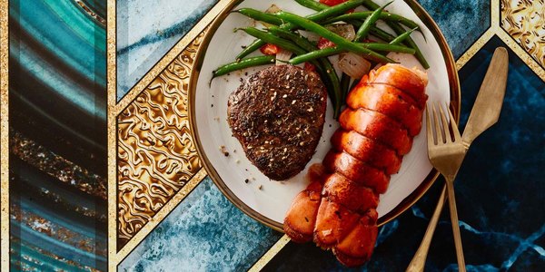 LOBSTER TAILS WITH FRESH PEPPER HARISSA AND ZA&rsquo;ATAR-TOPPED STEAK