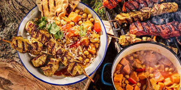 MOROCCAN CHICKEN SKEWERS WITH COCONUT & SWEET POTATO TAGINE