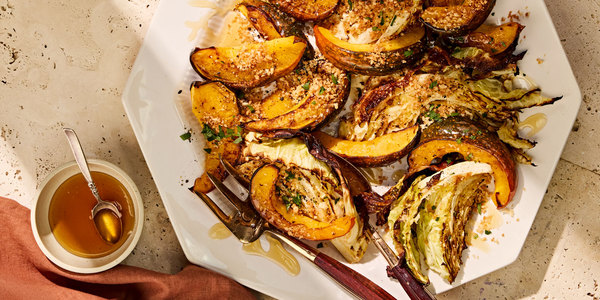 PARMESAN PEPPER ROAST SQUASH AND CABBAGE