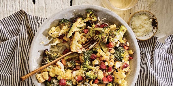 ROASTED BROCCOLI AND CAULIFLOWER CAESAR SALAD