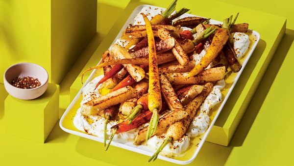 ROASTED RAINBOW CARROTS AND KOHLRABI WITH LABNEH