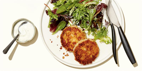 TZATZIKI TUNA POTATO CAKES AND SALAD