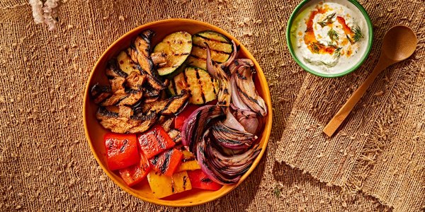 GRILLED SUMMER VEGGIES WITH WHIPPED FETA AND CHILI OIL