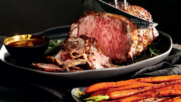 WOOZY BUTTER-BASED STRIPLOIN ROAST WITH ROASTED CARROTS