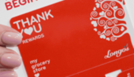 Longo's Thank You Rewards card in red with heart design and text promoting grocery store loyalty program.