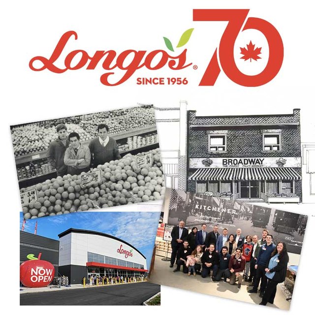 Collage celebrating Longo&rsquo;s 70th anniversary featuring historic stores, modern locations, and a family photo.