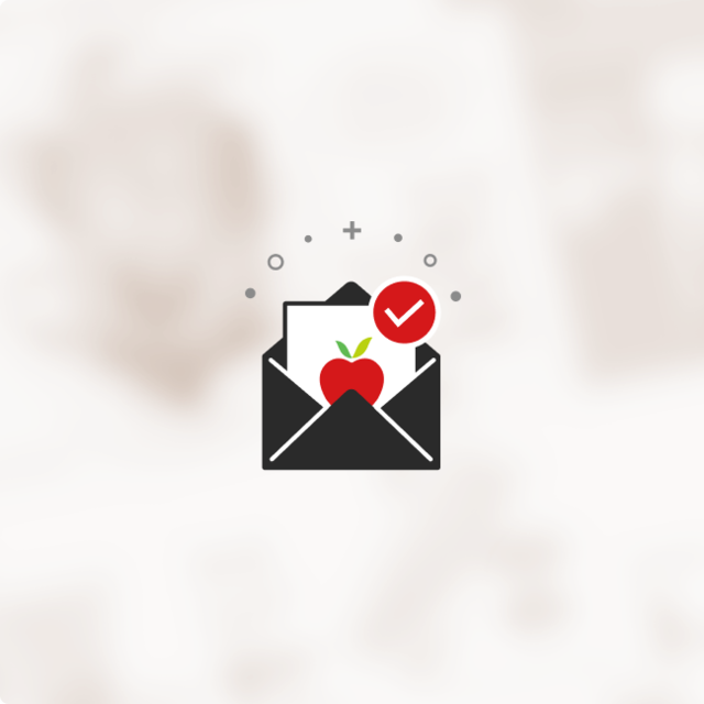 Envelope icon with a paper featuring a red apple and a checkmark, symbolizing email subscription or newsletter signup.