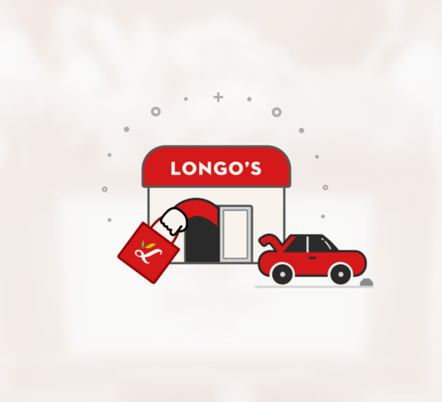 Longo's store with curbside pickup, showing grocery bag and car for online order collection.