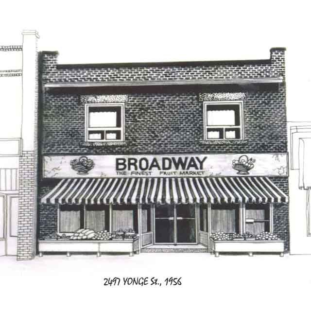 A black and white illustration of the first store opened by the Longo's family.