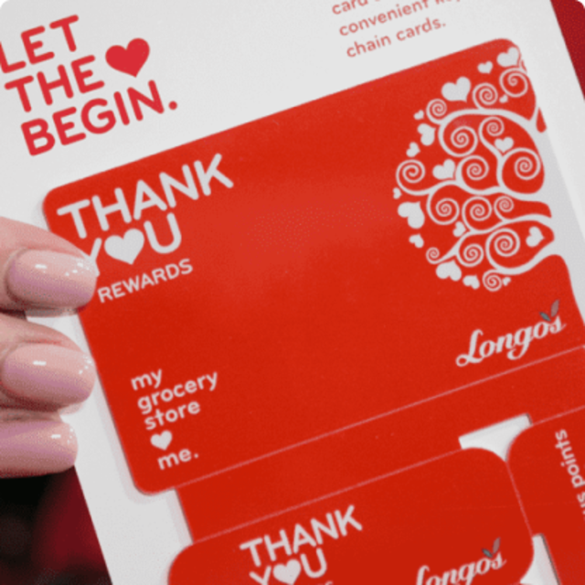 Longo's Thank You Rewards card in red with heart design and text promoting grocery store loyalty program.