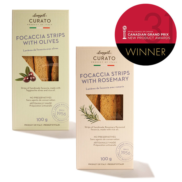 Longo&rsquo;s Curato focaccia strips with olives and rosemary in 100 g boxes, award-winning Italian snack.