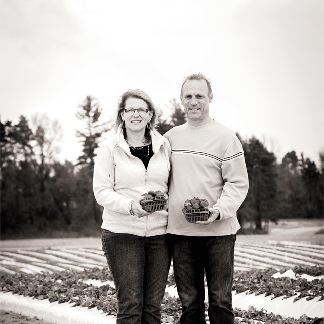 Two people standing in a strawberry field holding baskets of freshly picked strawberries.