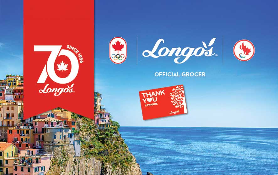 Longo&rsquo;s 70th anniversary graphic with Olympic logos, Thank You Rewards card, and coastal village background.
