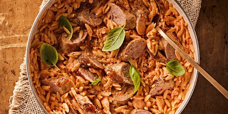 ROASTED RED PEPPER SAUSAGE ORZO SKILLET