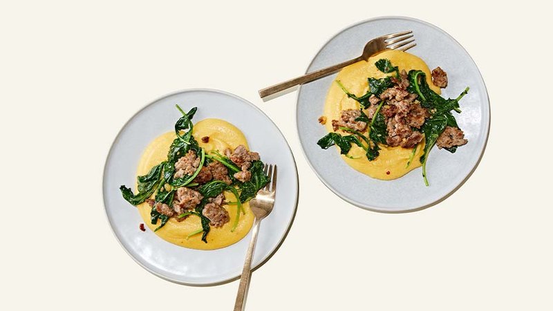 CHEDDAR POLENTA WITH SAUSAGE AND GREENS