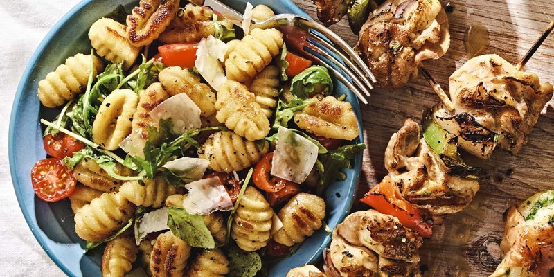 CHICKEN KABOBS WITH LEMONY GRILLED GNOCCHI SALAD