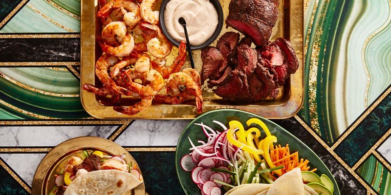 CHILI-RUBBED BEEF AND TEQUILA LIME SHRIMP TACOS