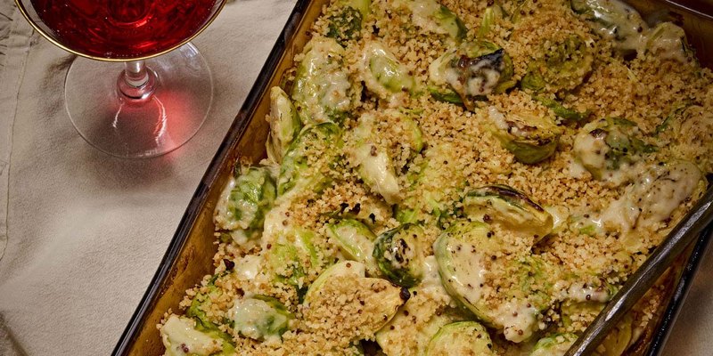 CREAMY MUSTARD SPROUTS WITH MAPLE CRUMB