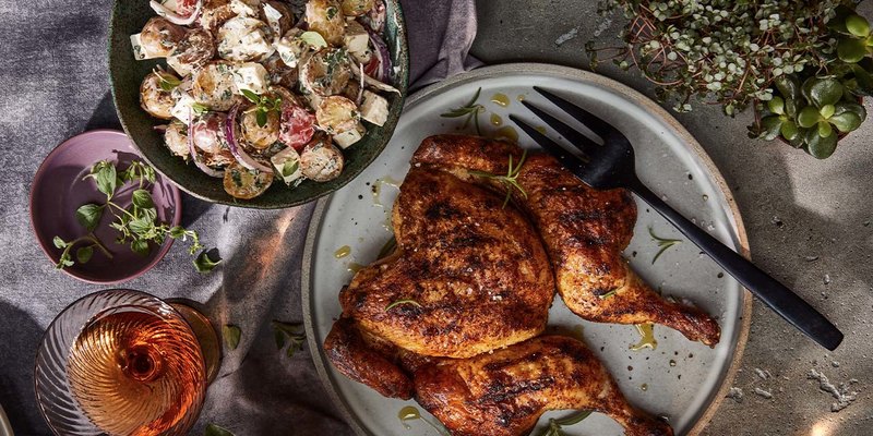 FLATTENED CHICKEN WITH GRILLED POTATOES & FETA SALAD
