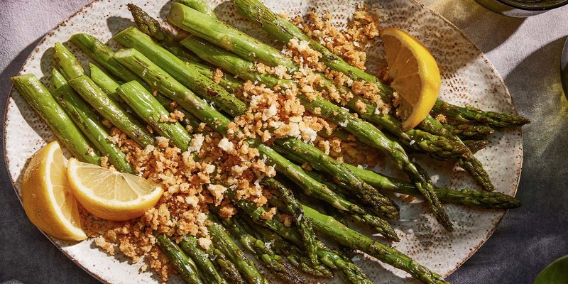GRILLED ASPARAGUS WITH CRUNCHY LEMON-PARM TOPPING