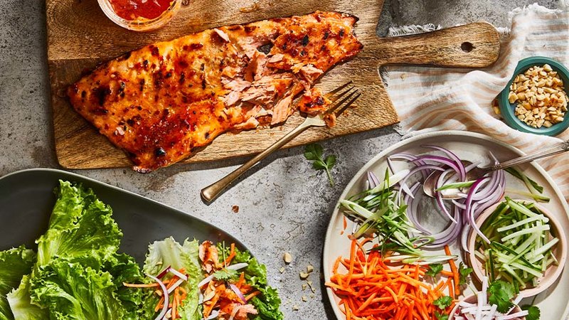GRILLED SWEET CHILI SALMON LETTUCE WRAPS