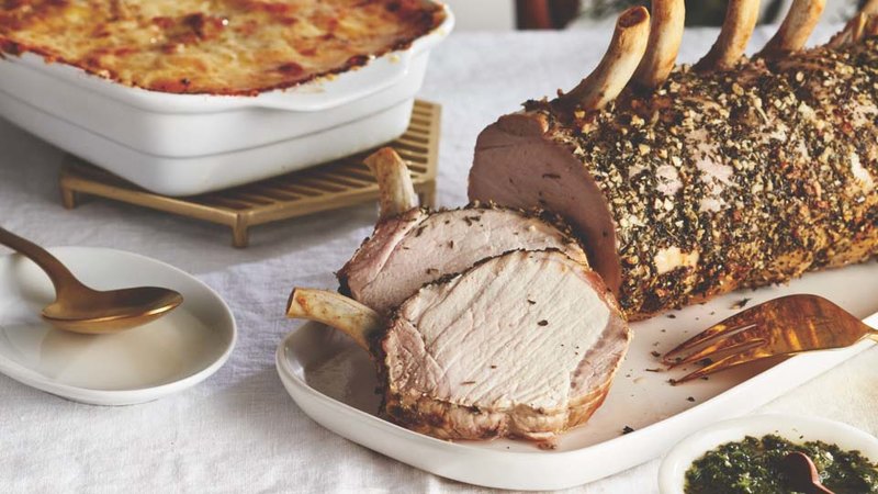 HERB AND PEPPERCORN MEDLEY CRUSTED PORK ROAST WITH MINT SALSA VERDE