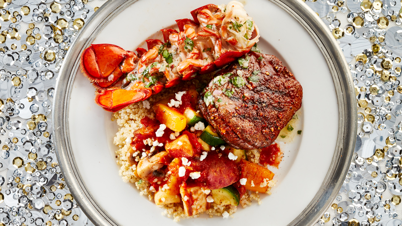 LOBSTER TAILS AND TOP SIRLOIN WITH ROASTED GARLIC AND SPICY CHIMICHURRI BUTTER